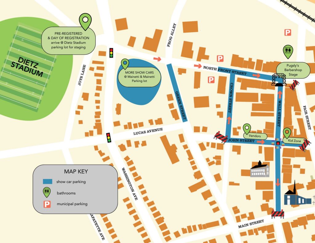2026 Uptown Car Show map: show cars stage at Dietz Stadium, with show parking on North Front, Crown, John, Wall, and Green Streets and the Mainetti & Mainetti lot. Shows the Pugsly's Barbershop Stage, vendors, Kid Zone, bathrooms, and municipal parking.